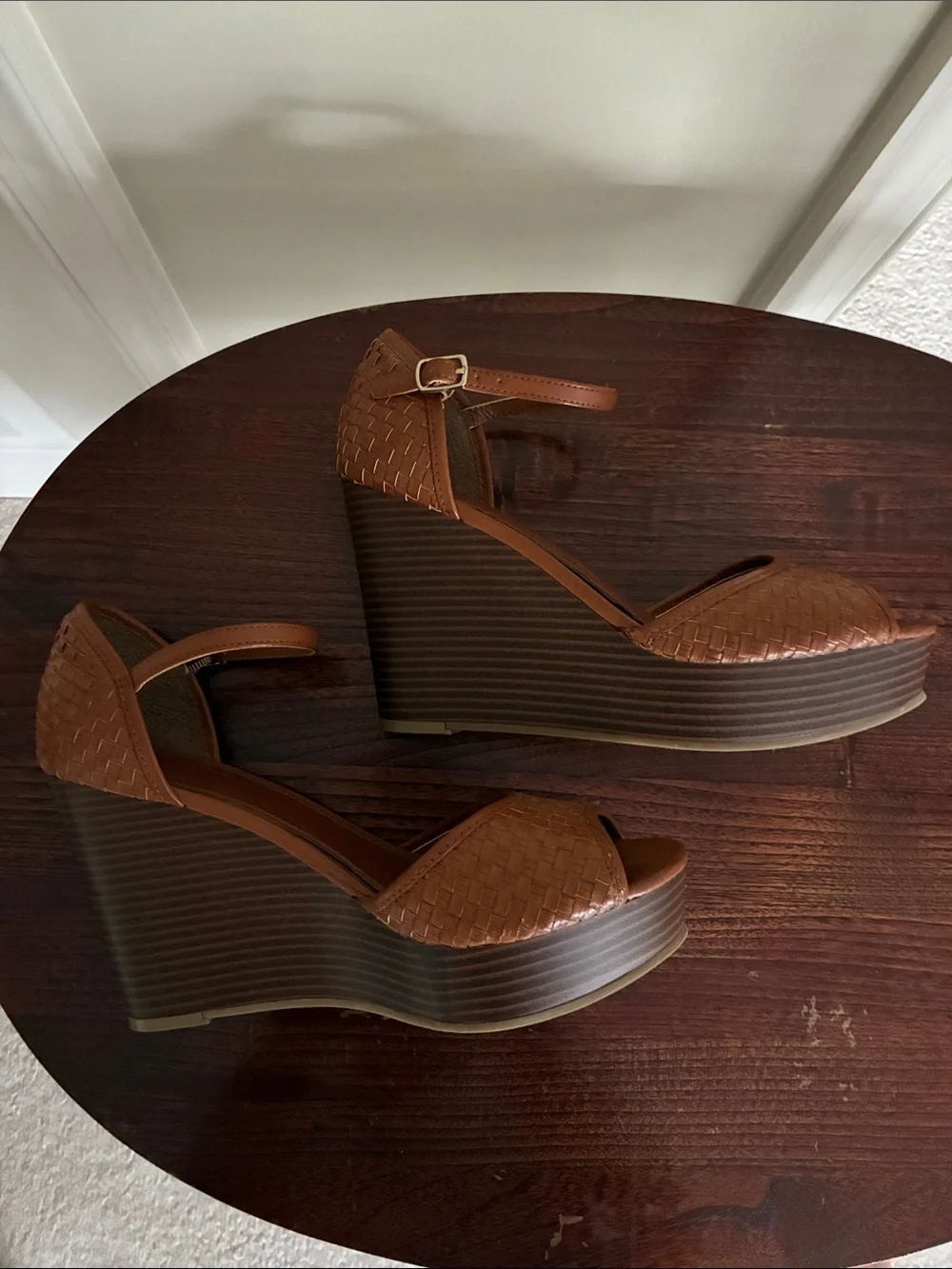 Banana Republic Tan Woven Peep-Toe Ankle-Strap Wedges